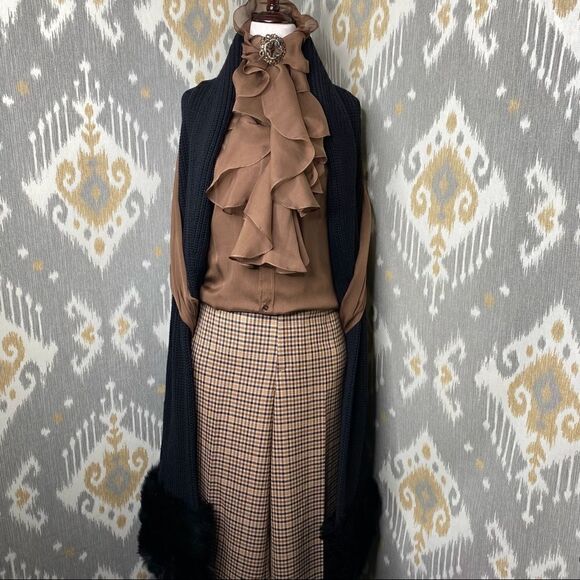 Ralph Lauren Black Cashmere Blend Lamb Shearling Flat Knit Open Front Cardigan - Picture 1 of 16